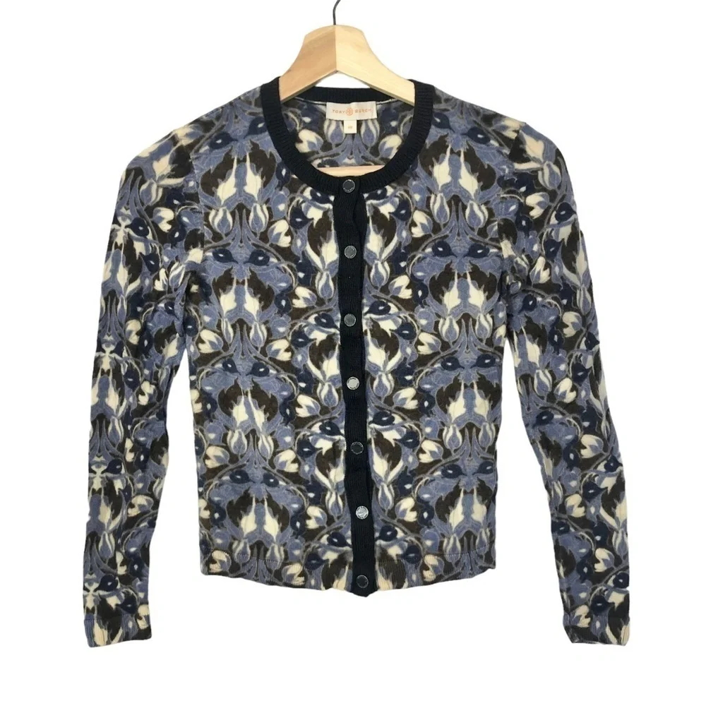 Tory Burch Blue Floral Lightweight‎ Button Down Cardigan Sweater XS